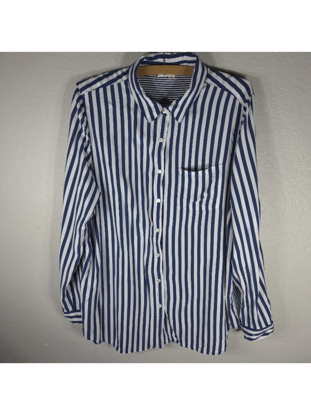 Jane + Delancey XL Navy Blue White Striped Button Back Top Shirt RollTab Sleeve